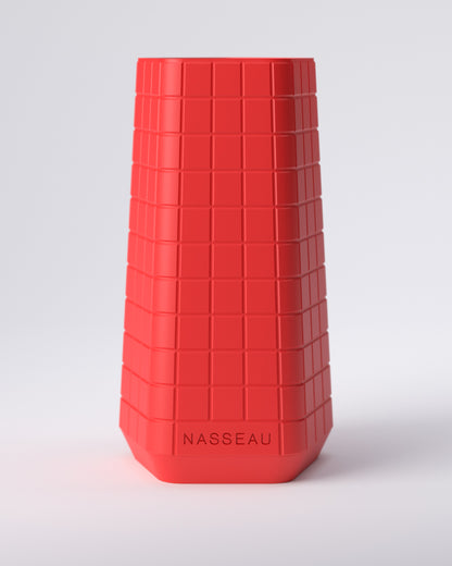 Red 3d printed vase with 'Nasseau' branding on a light gray background