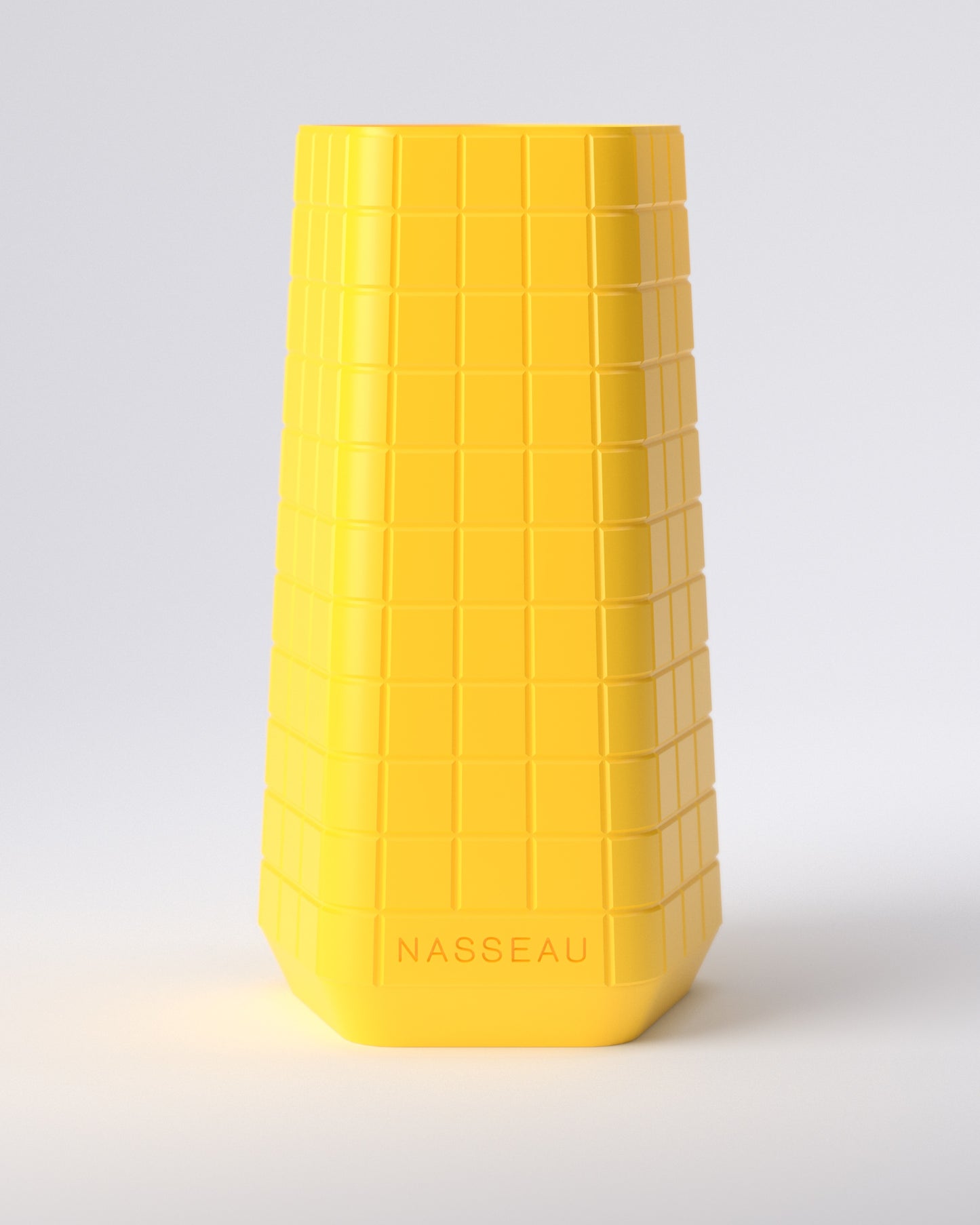 Yellow textured 3d printed vase with 'Nasseau' branding on a light gray background