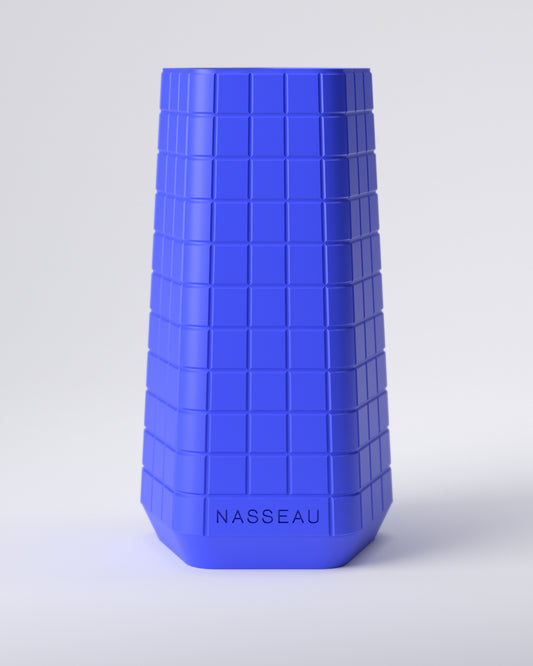 Blue 3d printed pentagon vase with 'Nasseau' branding on a light gray background