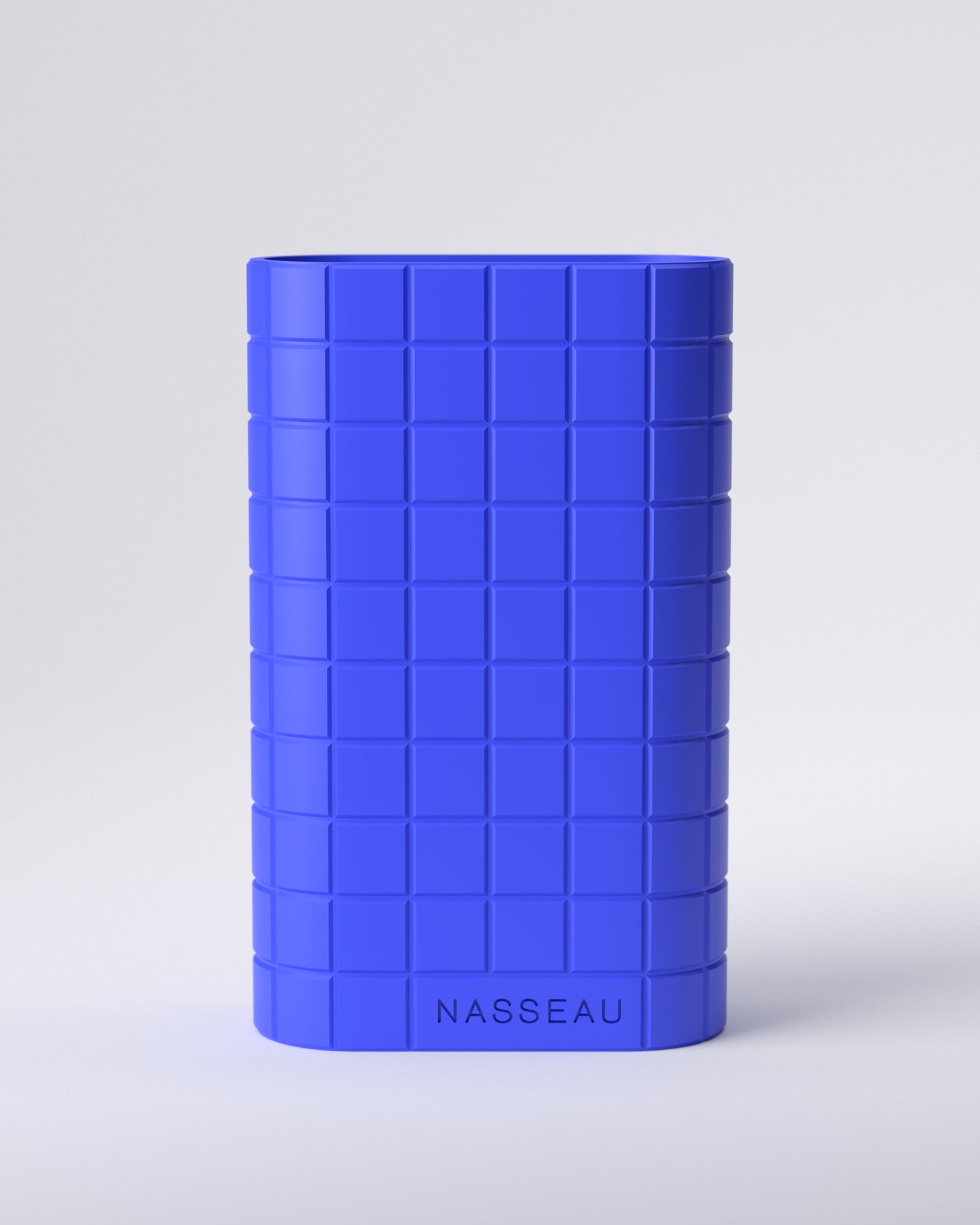 Blue 3d printed oval vase with 'Nasseau' branding on a light gray background