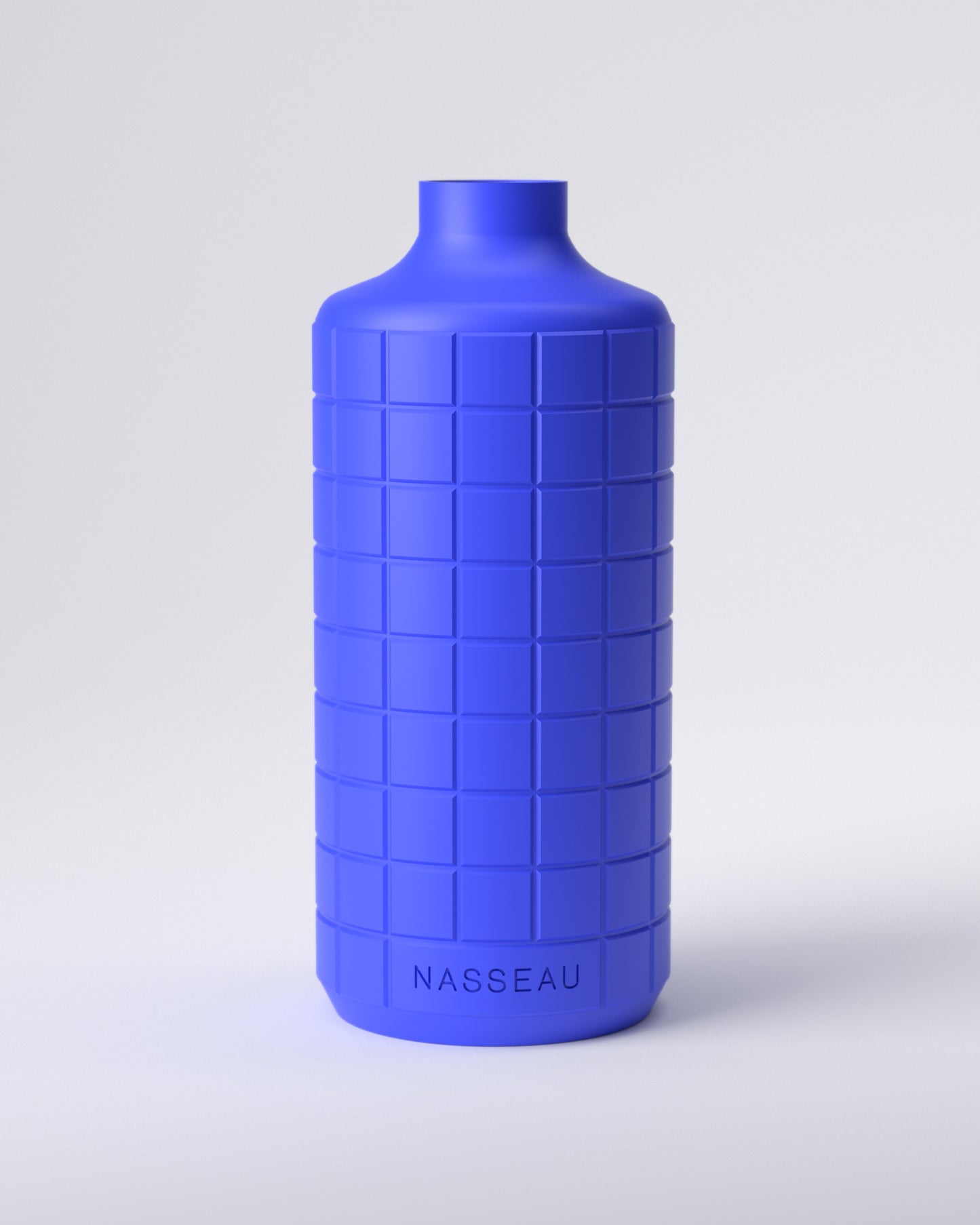Blue 3d printed round vase with 'Nasseau' branding on a light gray background