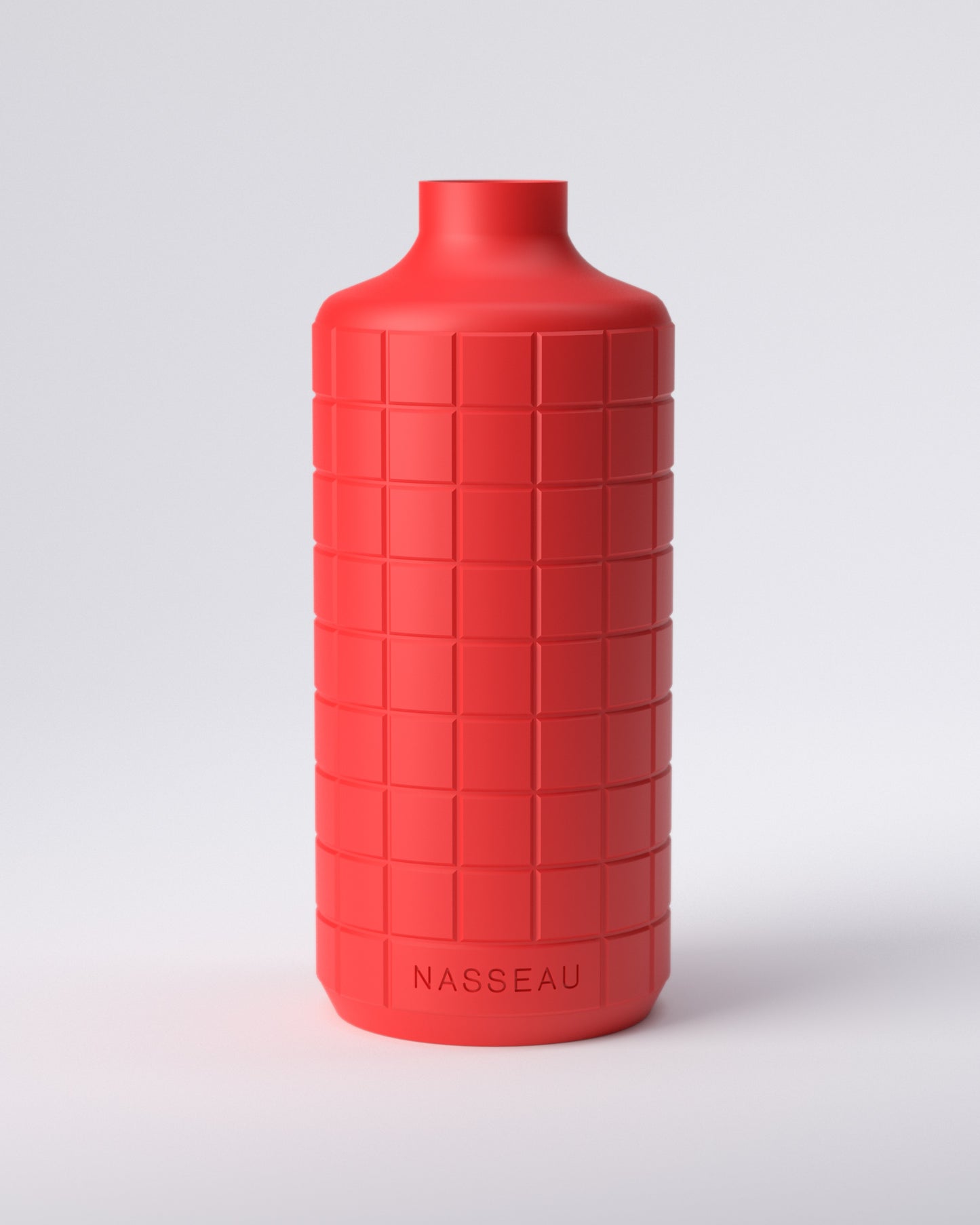 Red 3d printed round vase with 'Nasseau' branding on a light gray background