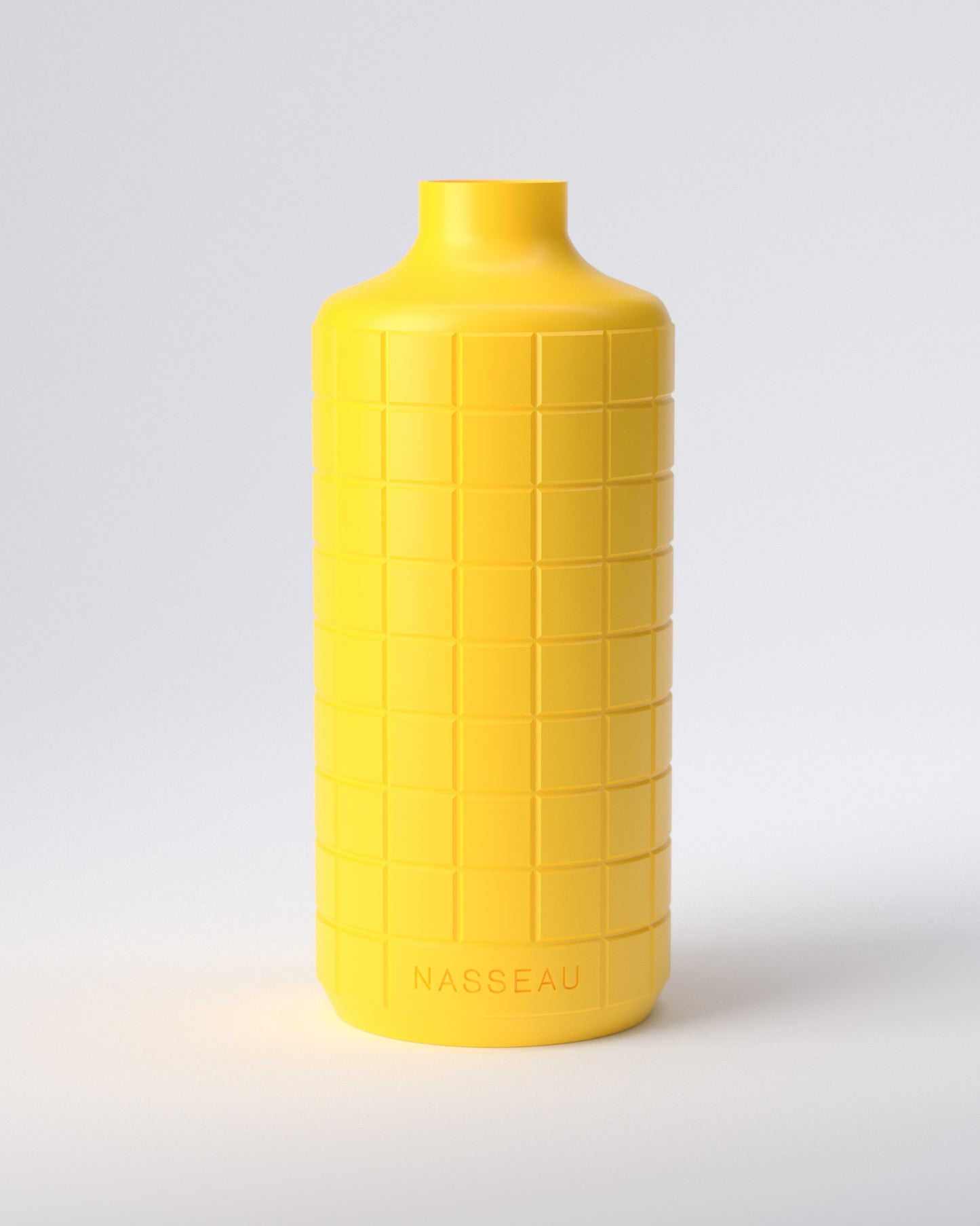Yellow 3d printed round vase with 'Nasseau' branding on a light gray background