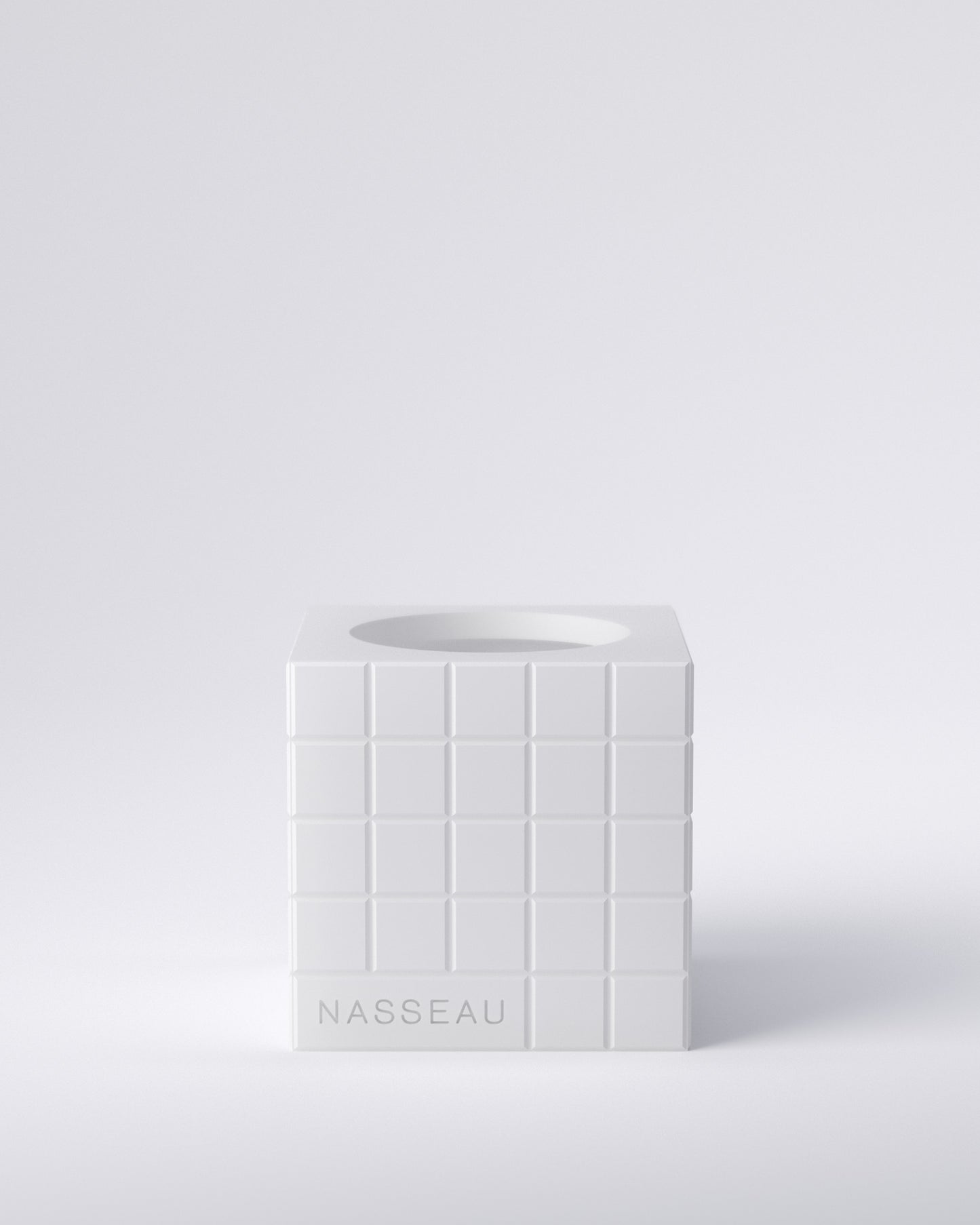 White 3d printed square vase with 'Nasseau' branding on a light gray background